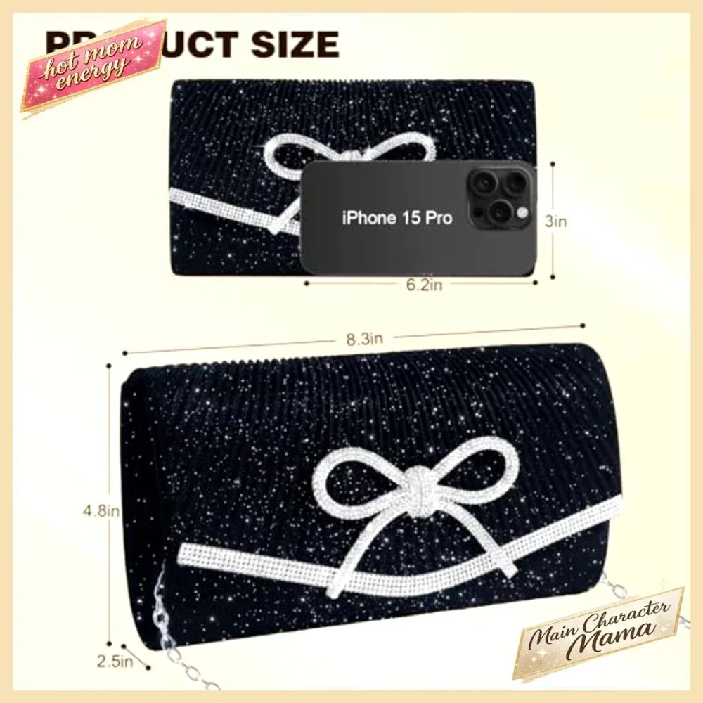 Sparkly Rhinestone Bow Evening Clutch with Detachable Chain Strap - Picture 6 of 7